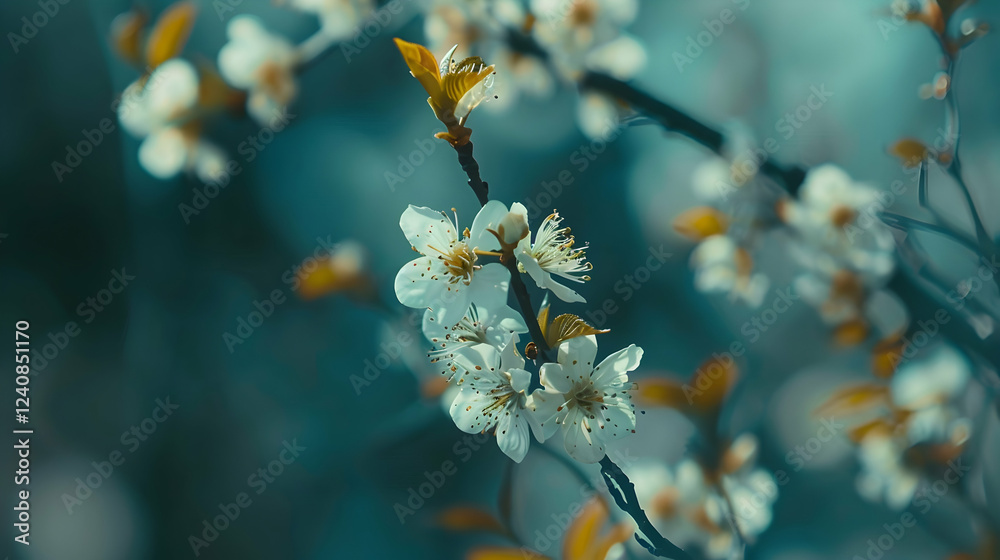 Delicate white blossoms with hints of yellow against a soft blue background in springtime Delicate white blossoms with hints of yellow against a soft blue background in springtime