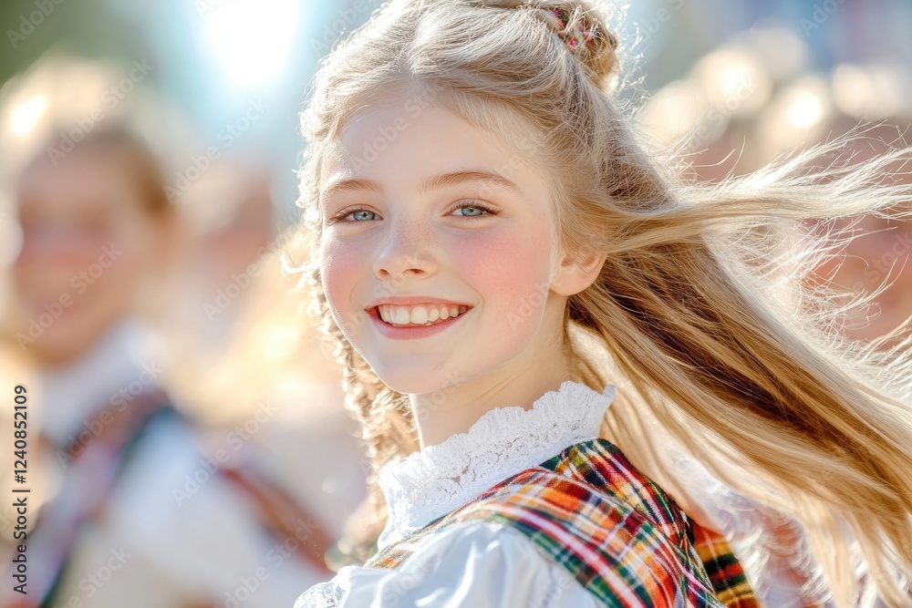 Fototapeta premium Joyful parade of irish dancers in traditional attire celebrating cultural heritage