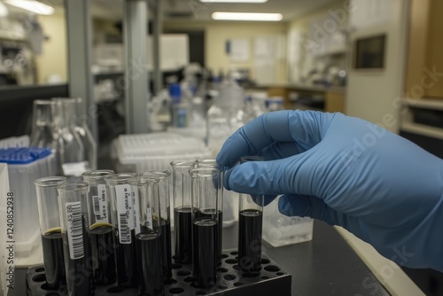 A person in blue gloves is using a pipette in a lab