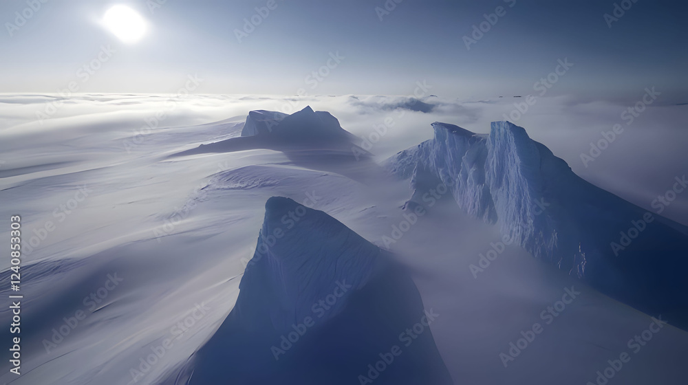 Majestic ice formations under sunlit skies in a vast polar landscape with soft clouds. Generative AI Majestic ice formations under sunlit skies in a vast polar landscape with soft clouds. Generative AI