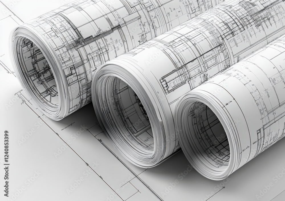 Three rolls of blueprints are stacked on a white surface Three rolls of blueprints are stacked on a white surface