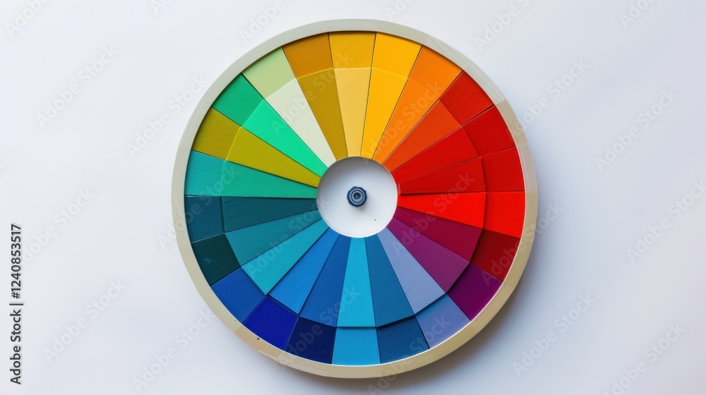 A vibrant color wheel placed neatly on a white surface, with evenly divided sections. A vibrant color wheel placed neatly on a white surface, with evenly divided sections.