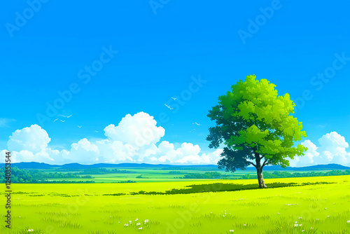 一本の木と草原と青空が広がる風景　Generated image