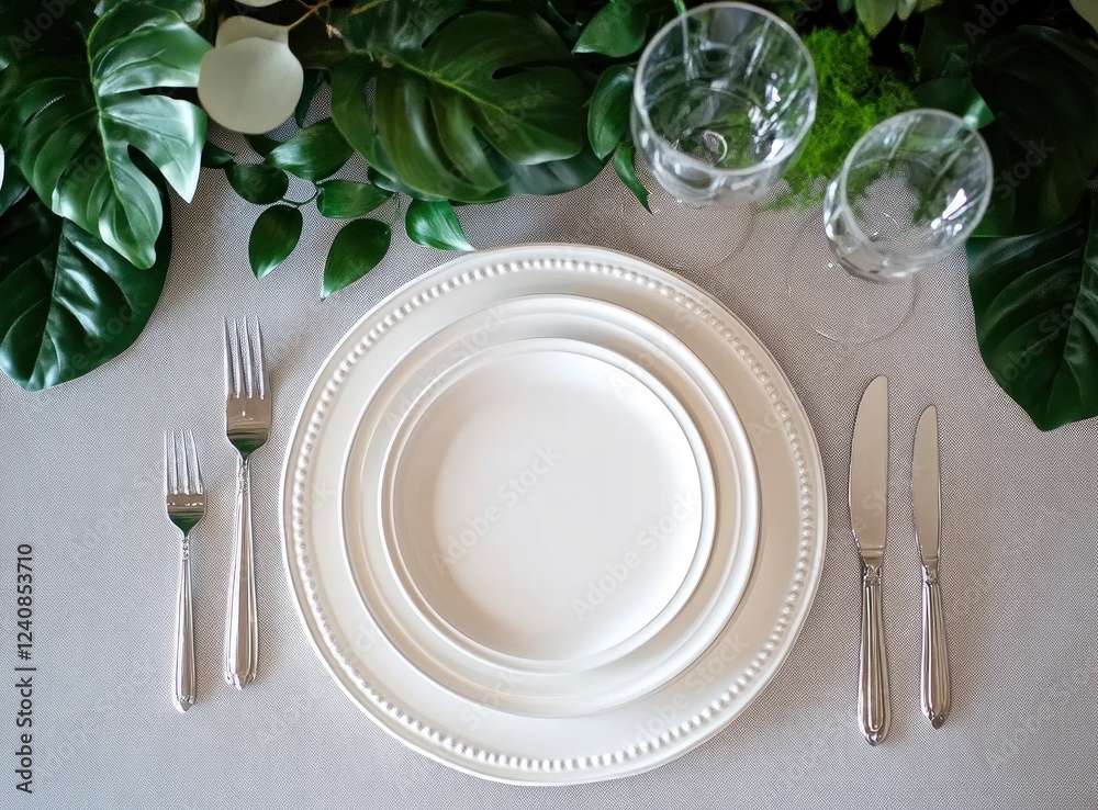 Top view of a wedding table setting with a white plate, cutlery, and green leaves on a grey linen background. Top view of a wedding table setting with a white plate, cutlery, and green leaves on a grey linen background.