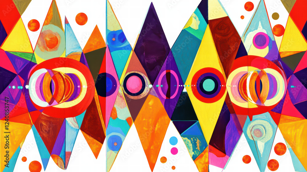 Obraz premium Colorful abstract geometric shapes create vibrant grid pattern with circular elements, evoking sense of energy and creativity. This artwork features mix of bold colors and dynamic forms