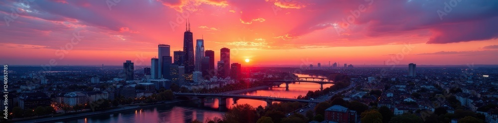 Vibrant sunset colors over Frankfurt's towers, vibrant, illumination, highrises Vibrant sunset colors over Frankfurt's towers, vibrant, illumination, highrises