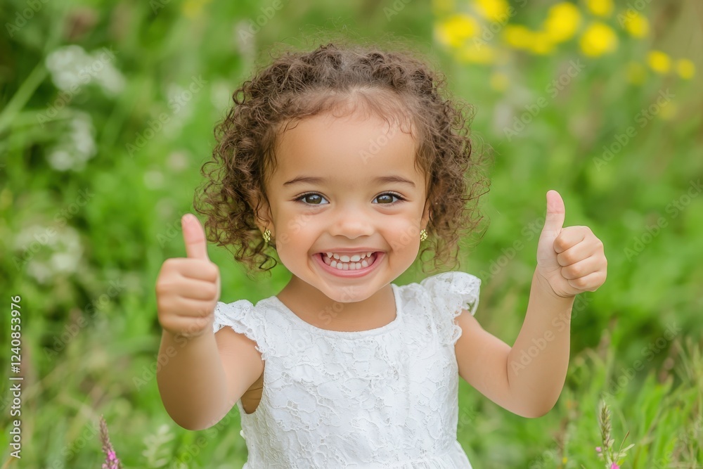 A cheerful girl with a flower crown gives a thumbs up in joy A cheerful girl with a flower crown gives a thumbs up in joy