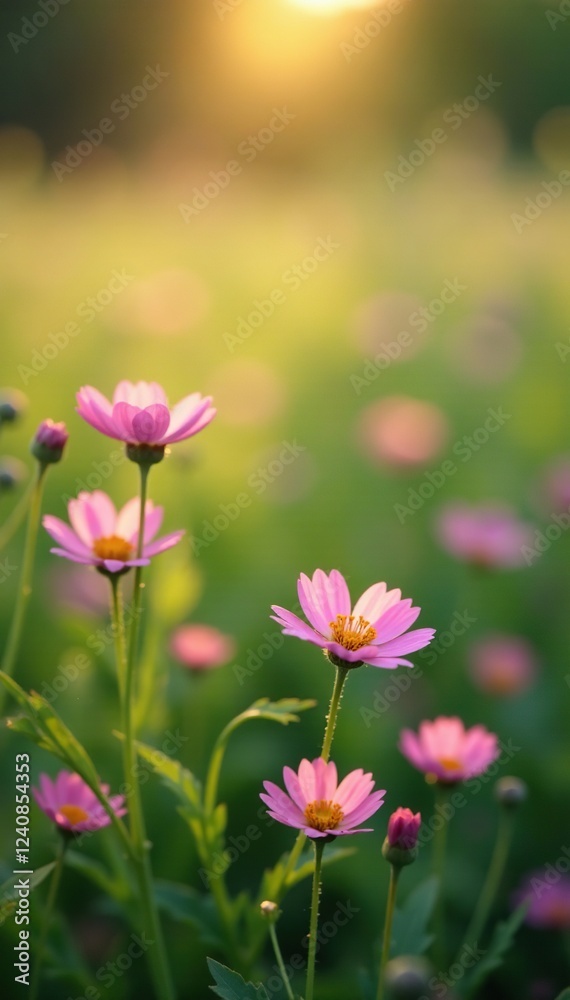 Soft petals of wildflowers bloom in the meadow, peaceful, serene Soft petals of wildflowers bloom in the meadow, peaceful, serene