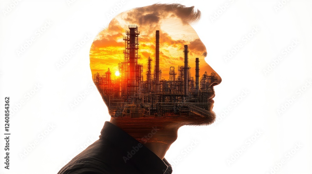 Conceptual silhouette art of a man with an industrial skyline and factory within his head, emphasizing industry and innovation Conceptual silhouette art of a man with an industrial skyline and factory within his head, emphasizing industry and innovation