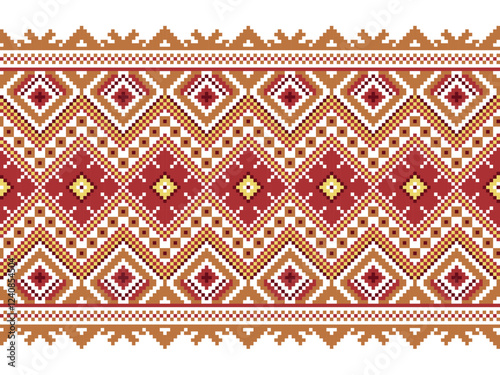 Vector illustration of seamless decorative fabric pattern of Ukrainian folklore. Ethnic ornamental motifs, border elements, traditional Ukrainian and Belarusian folk knitted umbrella patterns.
