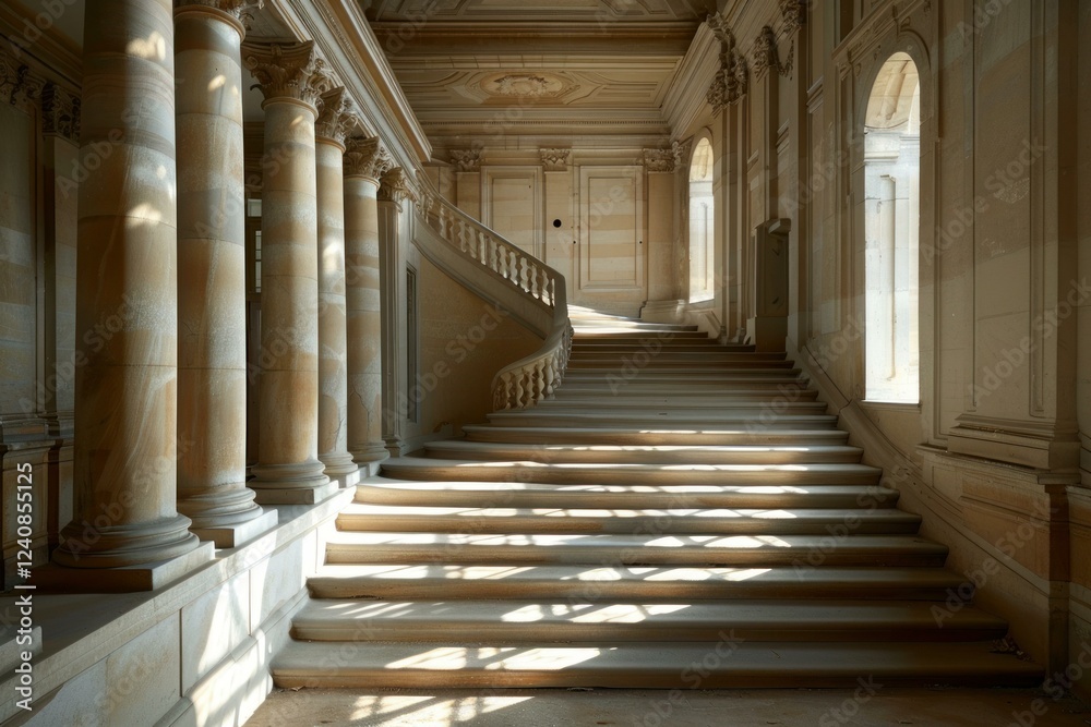 Sunlight streams through arched windows, casting shadows on a majestic staircase in a historical building, highlighting classical architecture Sunlight streams through arched windows, casting shadows on a majestic staircase in a historical building, highlighting classical architecture