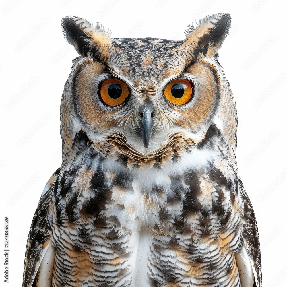 Majestic owl with striking orange eyes.