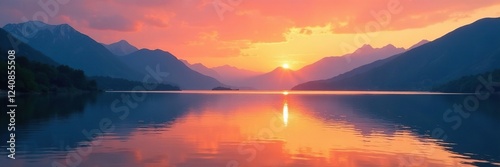 Sunset over calm lake with mountains in background, sunset, serene