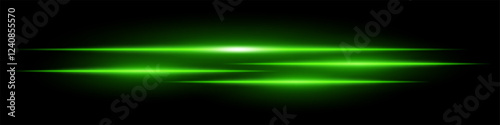 Green speed light streaks set. Glowing motion blur lines futuristic neon effect on a dark background. Sci-fi energy beams, cyberpunk style, high-tech speed trails, and digital acceleration visuals