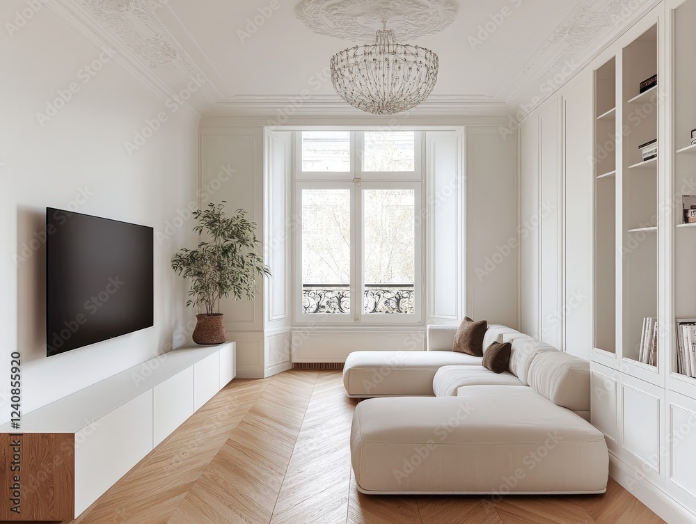 Fototapeta premium A cozy living room featuring a comfortable couch, television, and a window