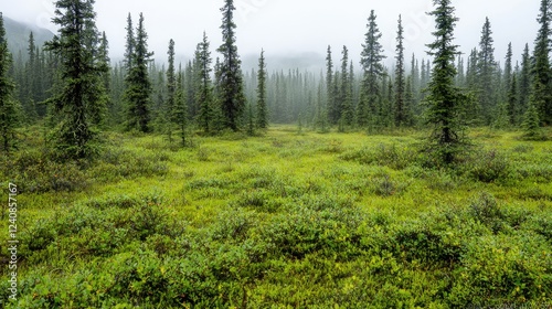 Misty boreal forest, green shrubs, calm weather, wilderness exploration