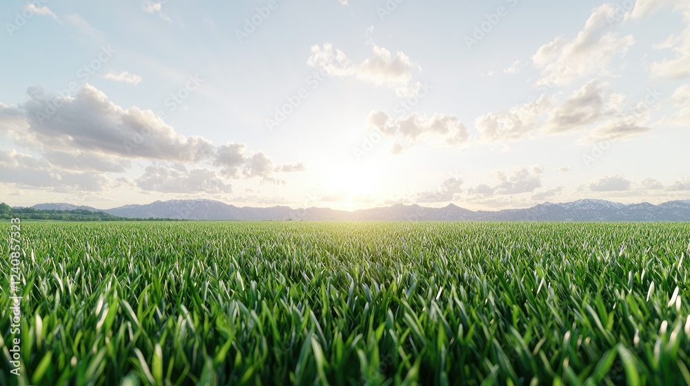 Sunset over vast green field, mountain backdrop; idyllic nature scene, perfect for travel brochures Sunset over vast green field, mountain backdrop; idyllic nature scene, perfect for travel brochures
