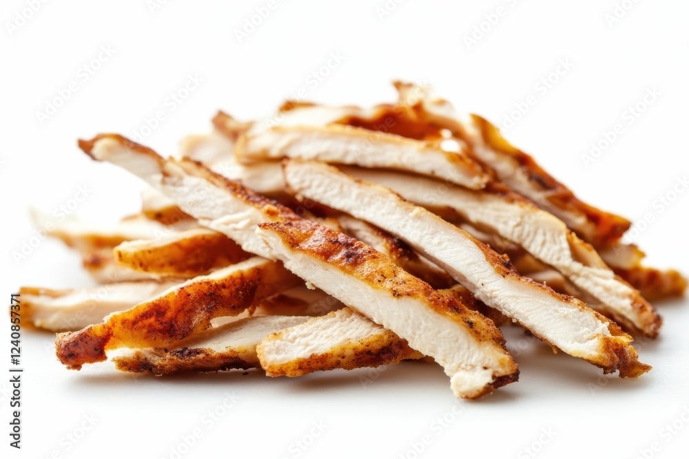 Close-up of Thinly Sliced Chicken Tenders Isolated on White Background, Perfect Lighting Showcasing Juicy Texture and Delicious Appeal in a Raw Style Close-up of Thinly Sliced Chicken Tenders Isolated on White Background, Perfect Lighting Showcasing Juicy Texture and Delicious Appeal in a Raw Style