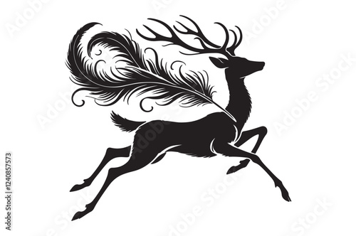 "Elegant Deer with Feathered Antlers Silhouette"