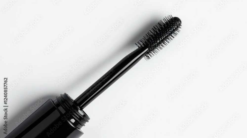Classic black mascara tube with brush wand slightly extended, isolated on the white background Classic black mascara tube with brush wand slightly extended, isolated on the white background