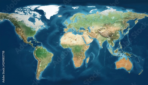 satellite-style map of the world. It depicts Earth's continents and oceans with realistic colors and topographical details.