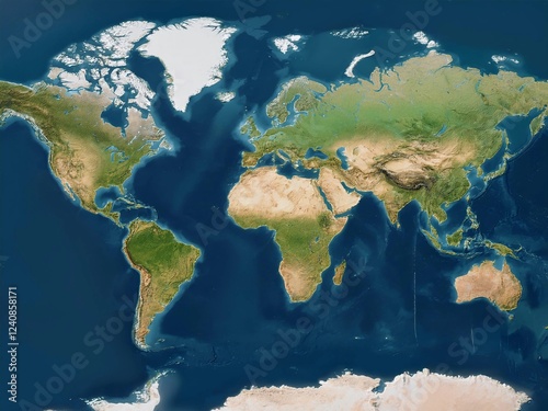 satellite-style map of the world. It depicts Earth's continents and oceans with realistic colors and topographical details.