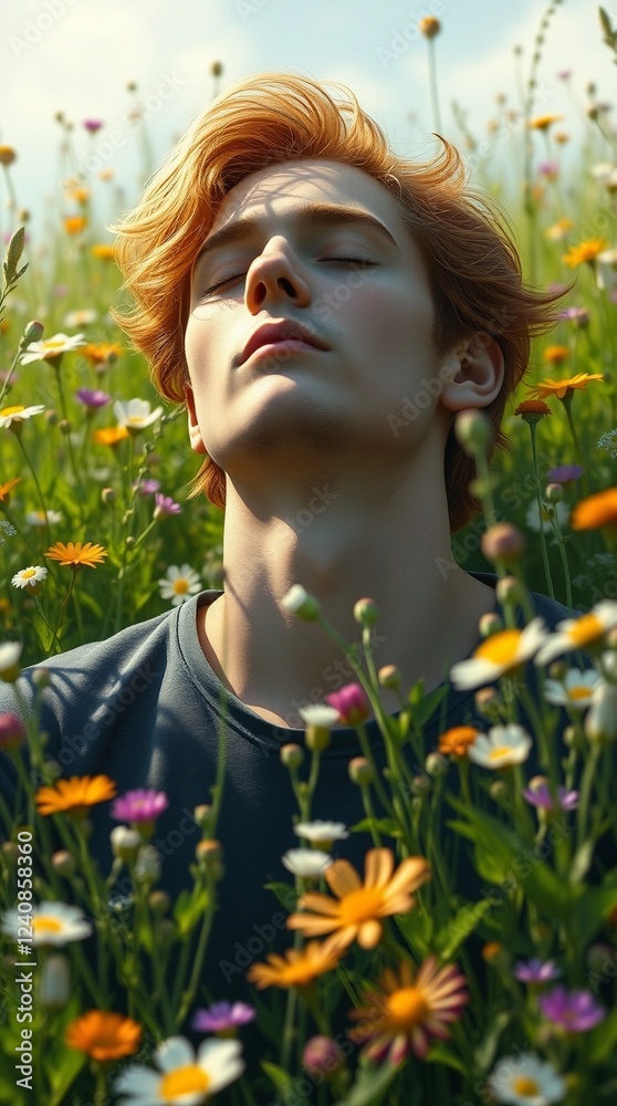 Naklejka premium person meditating in lotus position with eyes closed in a field of flowers, spring 