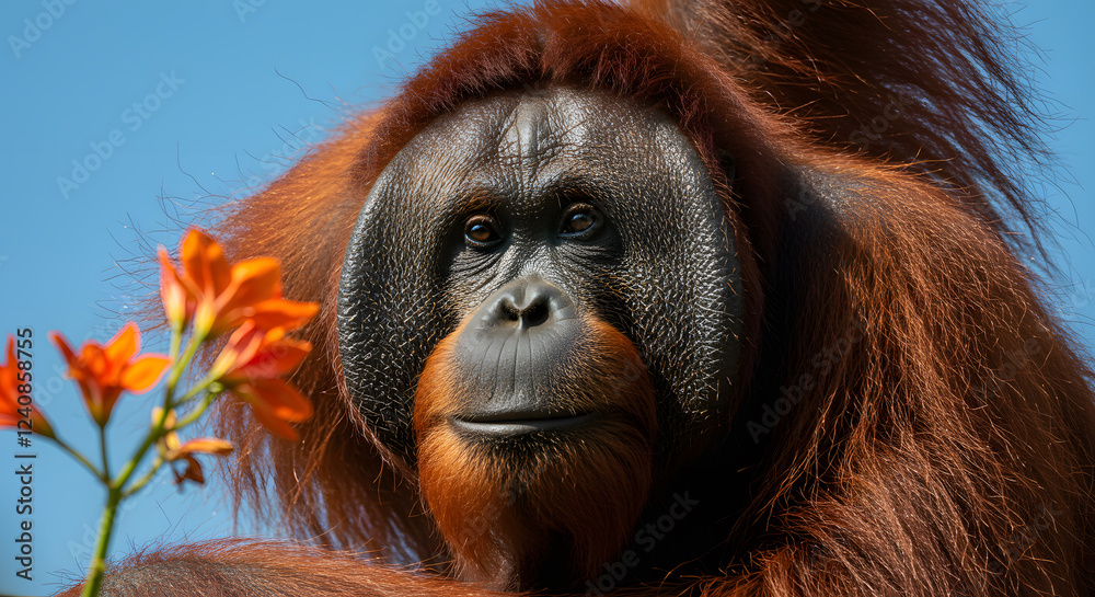 Obraz premium Majestic Orangutan Portrait: A Close-Up of a Bornean Orangutan with Vibrant Orange Flowers