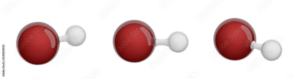 Molecule of Hydrogen bromide. Set of views. Molecular formula: HBr. Chemical model: Ball and stick. Isolated. White background. 3D illustration Molecule of Hydrogen bromide. Set of views. Molecular formula: HBr. Chemical model: Ball and stick. Isolated. White background. 3D illustration