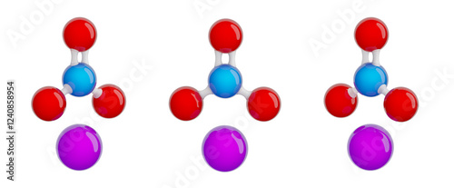 Molecule of potassium nitrate (saltpetre). Set of views. Molecular formula: KNO3. Chemical model: Ball and stick. Isolated. White background. 3D illustration photo