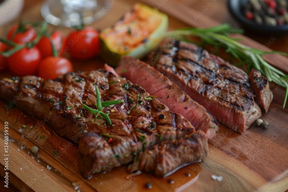 Medium rare steak is presented on a wooden cutting board, garnished with rosemary, cherry tomatoes, and grilled vegetables Medium rare steak is presented on a wooden cutting board, garnished with rosemary, cherry tomatoes, and grilled vegetables