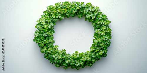 A perfectly crafted clover wreath made of fresh green leaves, symmetrically designed for festive and lucky occasions.  photo