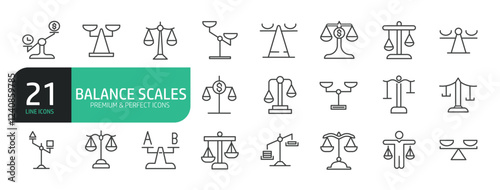 Set Of Balance Scales Line Icons.