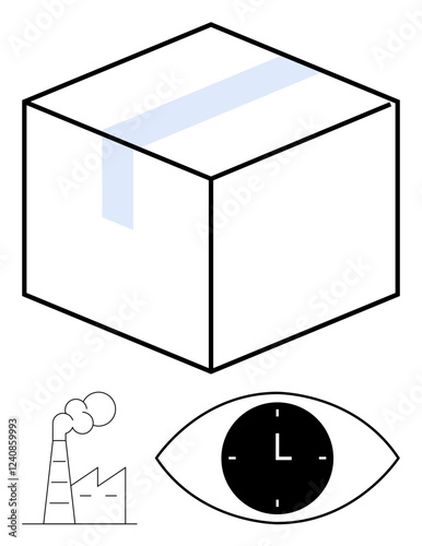 Large sealed box, factory with chimneys emitting smoke, clock embedded in an eye. Ideal for manufacturing, logistics, time management, quality control, supply chain, monitoring abstract line flat
