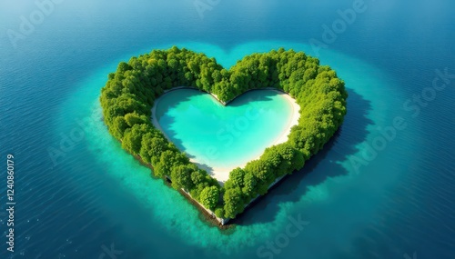 Heart-shaped isle, lush vegetation, turquoise water, illustration, scenic, photography