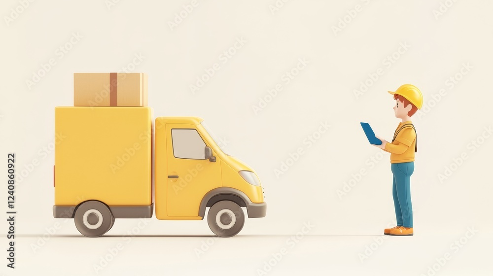 A delivery worker checks information beside a yellow delivery truck loaded with boxes in a minimalist setting. A delivery worker checks information beside a yellow delivery truck loaded with boxes in a minimalist setting.