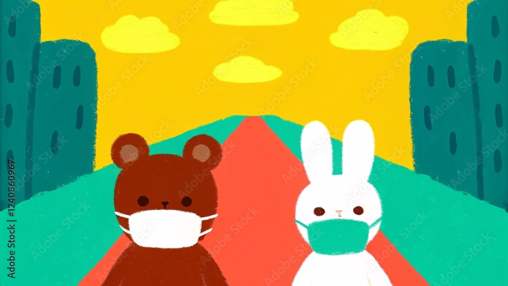 Cute bear and rabbit wearing masks strolling on a vibrant road in a city colorful illustration whimsical environment playful perspective health awareness concept Cute bear and rabbit wearing masks strolling on a vibrant road in a city colorful illustration whimsical environment playful perspective health awareness concept