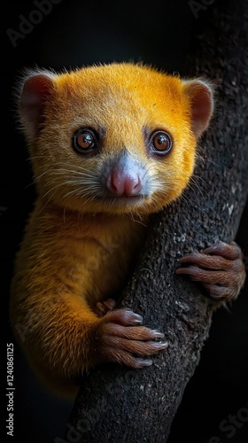 HD Phone Wallpaper Adorable Golden Furred Kinkajou Clinging to Tree Branch Wildlife Portrait photo