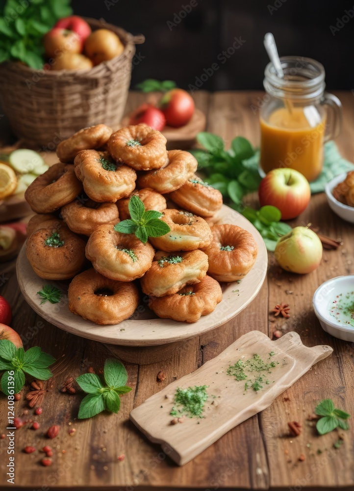 Wooden Table with Basket of Fresh Apple Fritters and Mint Cinnamon Sprinkles , basket, powdered sugar, wooden table