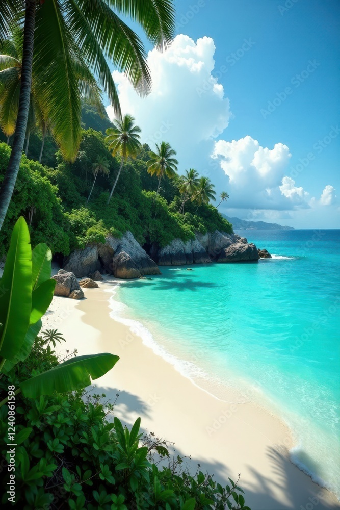 Fototapeta premium Lush jungle meets turquoise sea, white sand beach , lush, tropical beach, holiday