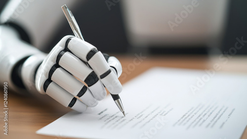 AI in Business and Industry Concept, robotic hand writing on document with pen, showcasing technology photo