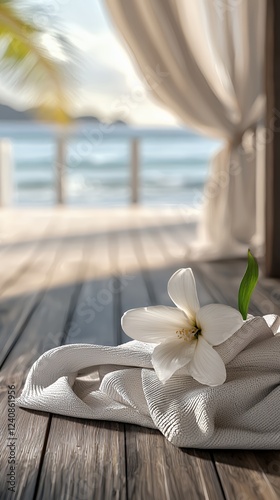 Tranquil Beachside Serenity: A White Flower Resting on Soft Fabric, with a Blurred Ocean View