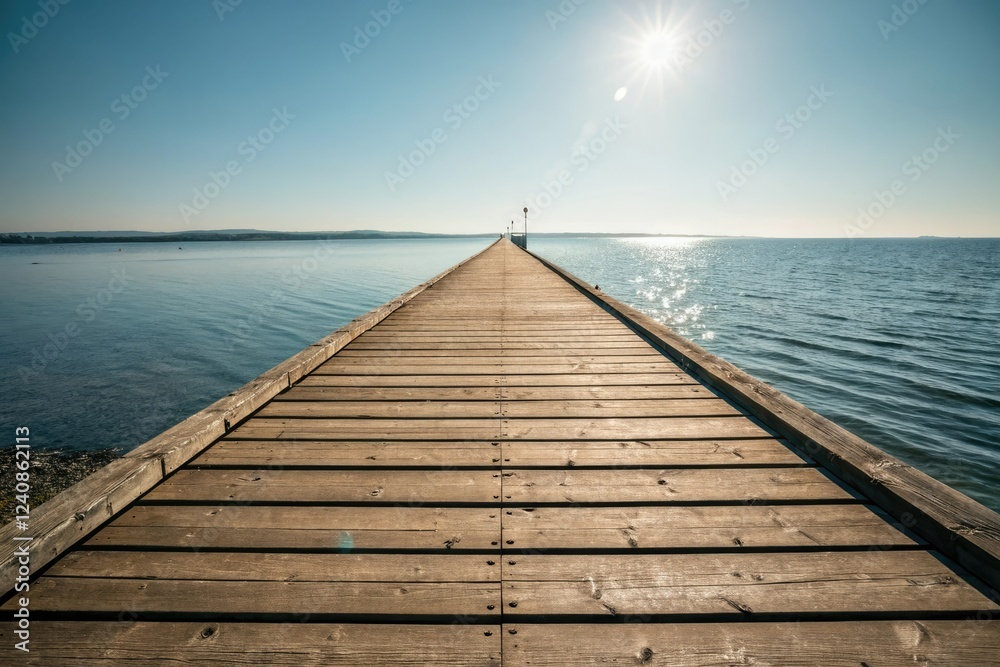 Fototapeta premium Wooden pier stretching into the distance with sunlight reflecting off its surface, pier, outdoor, scenery