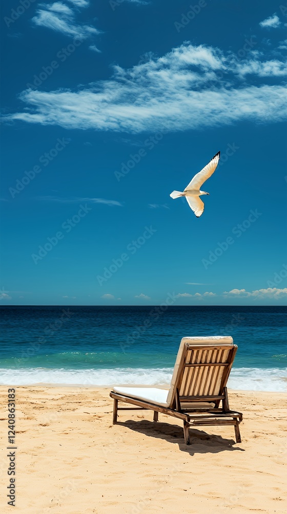Tranquil Beach Scene: A lone chaise lounge on a pristine sandy beach under a vibrant blue sky, with a seagull gracefully soaring overhead, evokes a sense of serenity and summer vacation bliss. Tranquil Beach Scene: A lone chaise lounge on a pristine sandy beach under a vibrant blue sky, with a seagull gracefully soaring overhead, evokes a sense of serenity and summer vacation bliss.