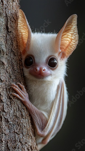 HD Phone Wallpaper Adorable White Honduran White Bat clinging to tree bark large eyes close up photo