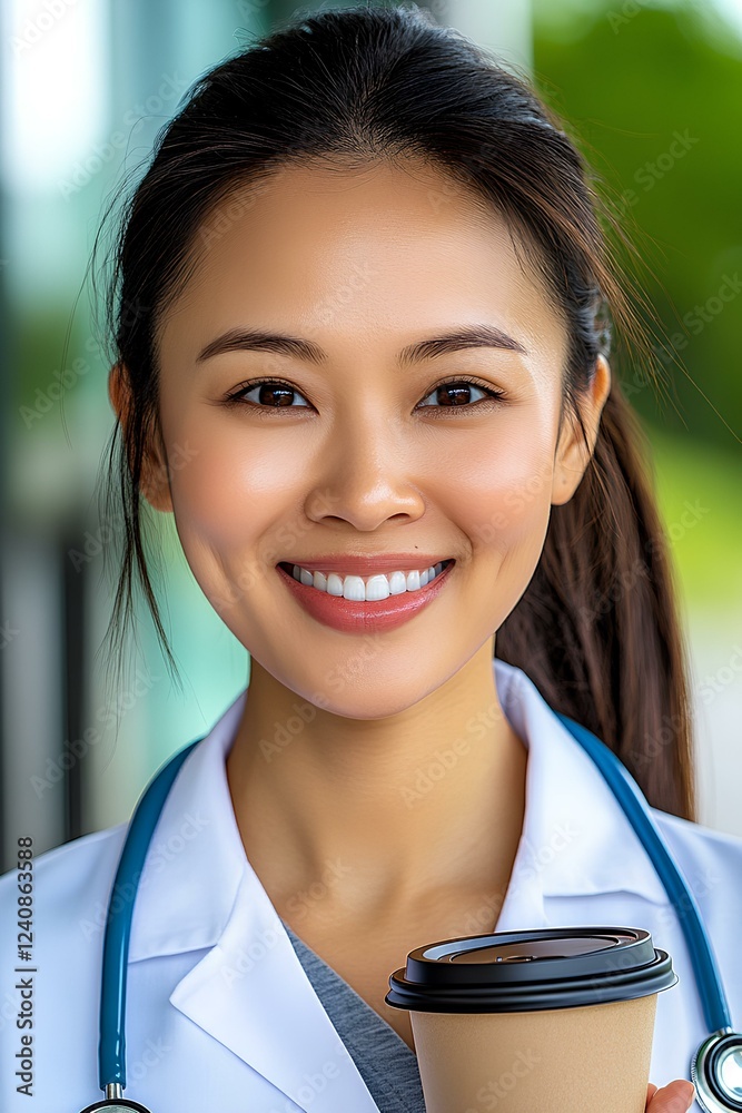 Relaxed Asian woman doctor taking a coffee break during a busy day at the clinic. Relaxed Asian woman doctor taking a coffee break during a busy day at the clinic.