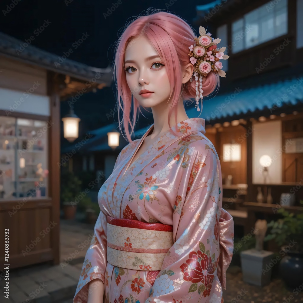 Pink Haired Woman in Floral Kimono at Night Japanese Street Setting Pink Haired Woman in Floral Kimono at Night Japanese Street Setting