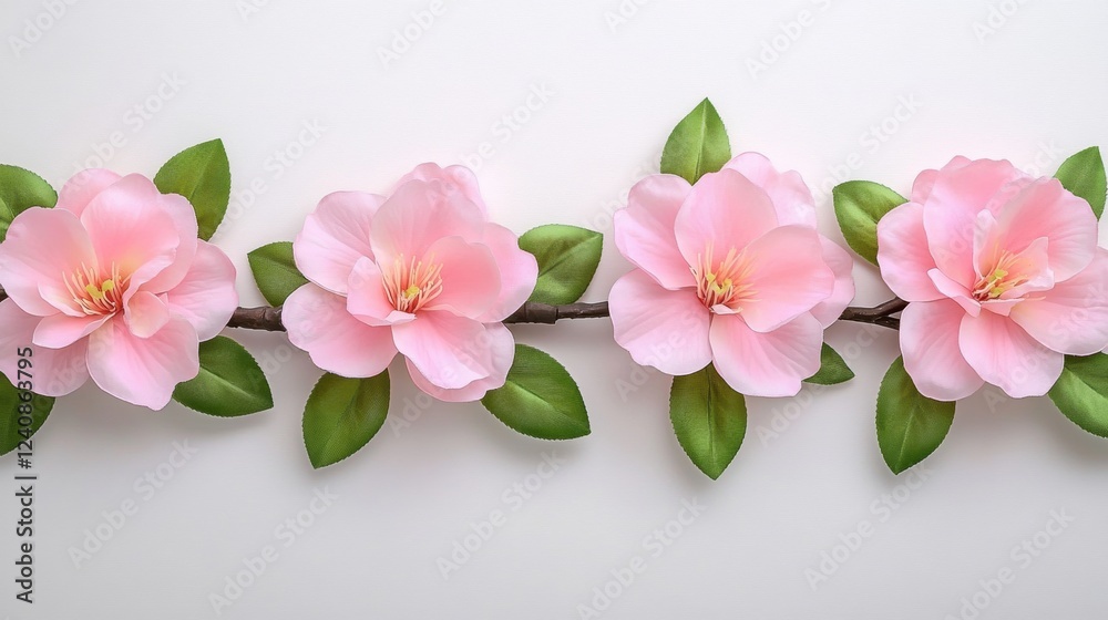 Fototapeta premium Delicate Pink Flowers with Green Leaves on a Light Background