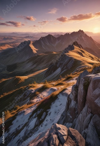 Wide-angle shot of the Erbeskopf mountain range at sunset from the Aussichtsturm, mountains, mountaintop photo