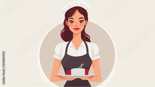 Illustration of a waitress. Beautiful woman waitress. Waitress with a tray in her hands.